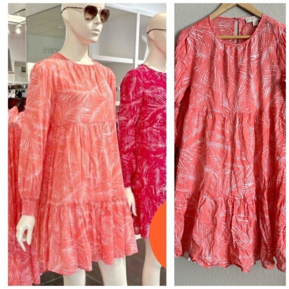 Michael kors Woodland Leaf Print Ruffle Dress Size Medium Orange & White
